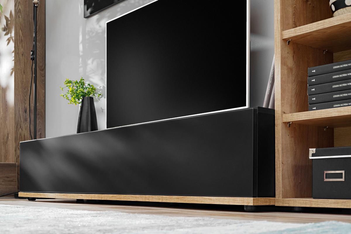 WOHNWAND schwarz, Ribbeck Eiche 240 cm, Schrankwand mit Push-to-Open - Eichefarben/Schwarz, Holzwerkstoff/Kunststoff (240/129/40cm) - Furn.Design