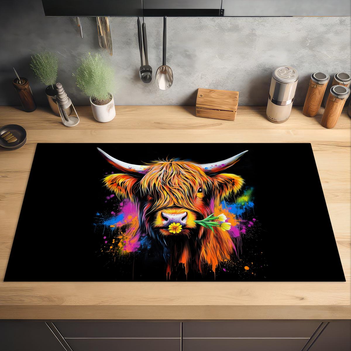 HERDABDECKPLATTE Schottischer Highlander - Graffiti - Bunt - Blume - Tiere Induktionsschutz 91.6x52.7 cm - Multicolor, Kunststoff (91.6/52.7/0.2cm) - MuchoWow