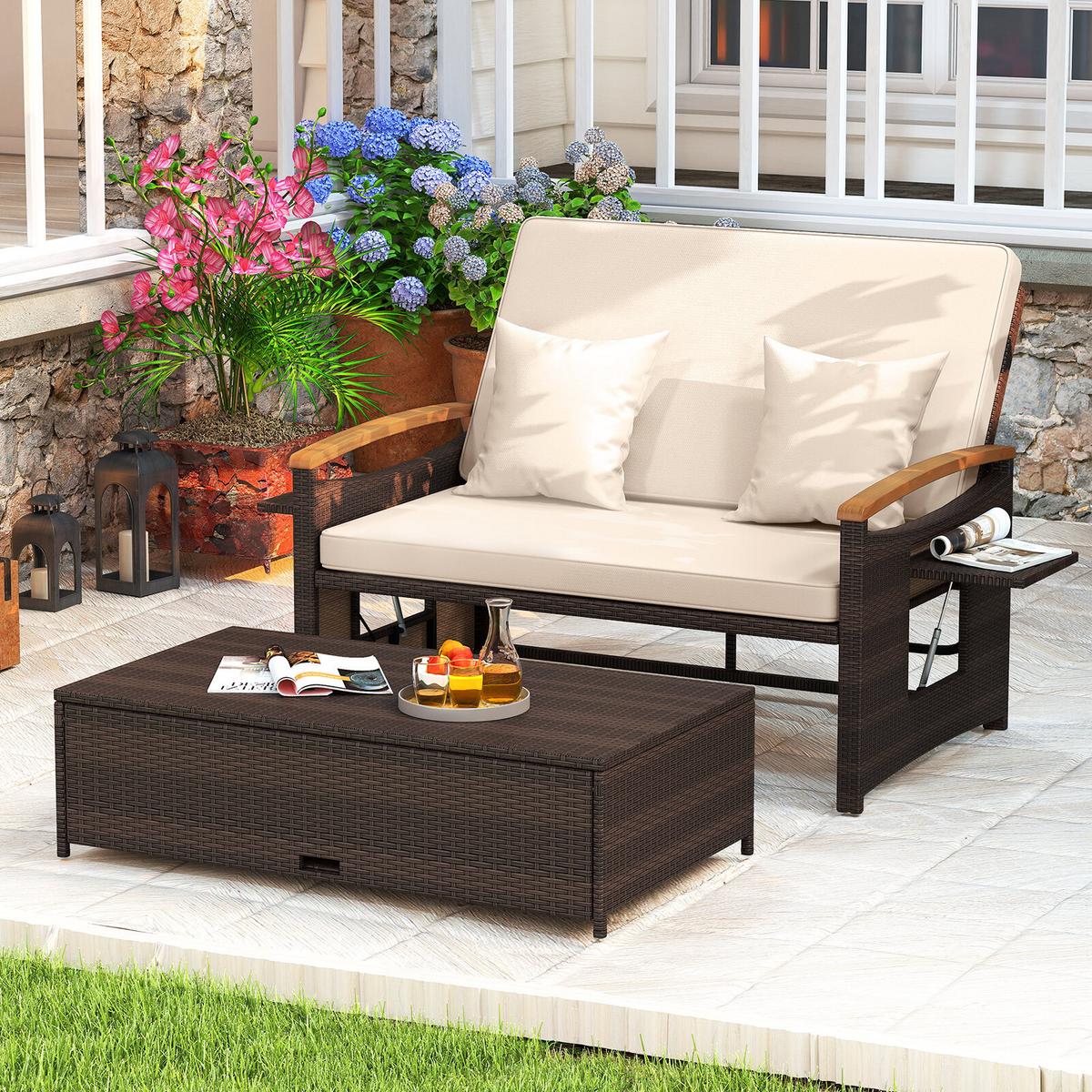 SONNENLIEGE geflochtene Doppel liege beige - Beige, Metall (164/88/72cm) - COSTWAY