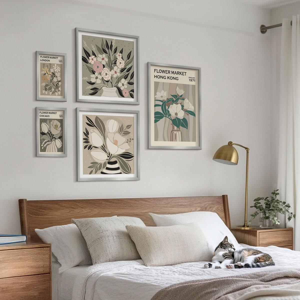 BILDER SET 5er Set - 50x50 cm & 20x30 cm & 40x60 cm Silberner Rahmen - Blumenillustrationen London Hongkong - Silberfarben, Kunststoff (40/60cm) - TULUP