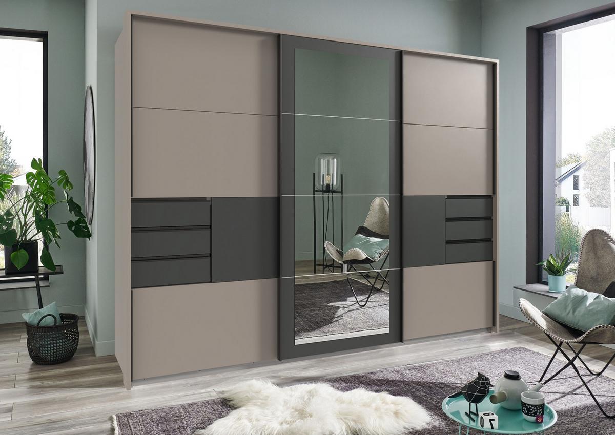 SCHWEBETÜRENSCHRANK 3-türig B273/H213/64 cm, Sandgrau mit Absetzungen in Grafit, Passepartout&Spiegel&Schubladen, Kleiderschrank inkl.Vollaus./ 22508 - Sandfarben/Blau, Holzwerkstoff/Metall (273/213/64cm) - luma-home