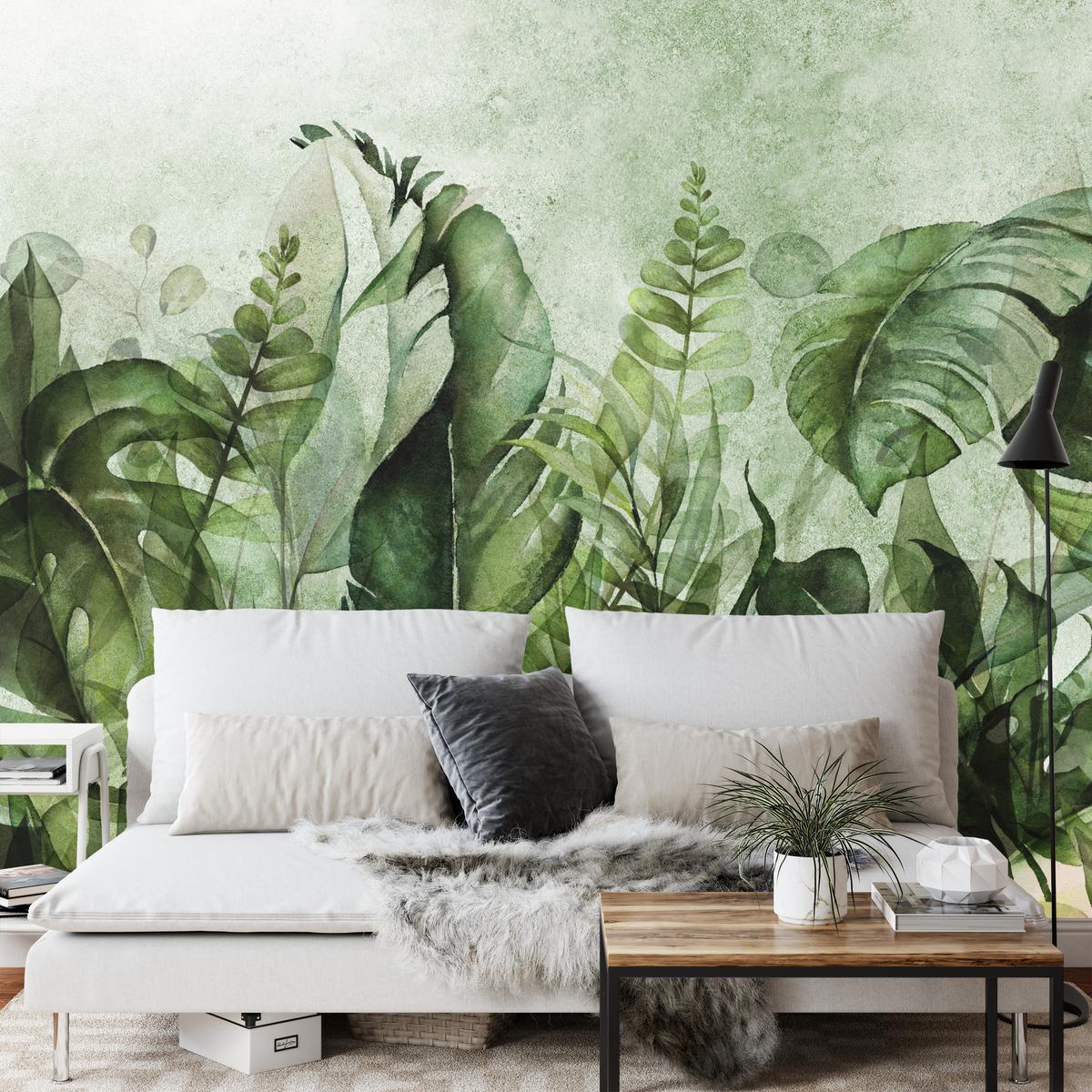 FOTOTAPETE für Wohnzimmer Grüne Blätter auf Beton 100x70 - Schwarz/Grün, Papier (100/70cm) - Muralo