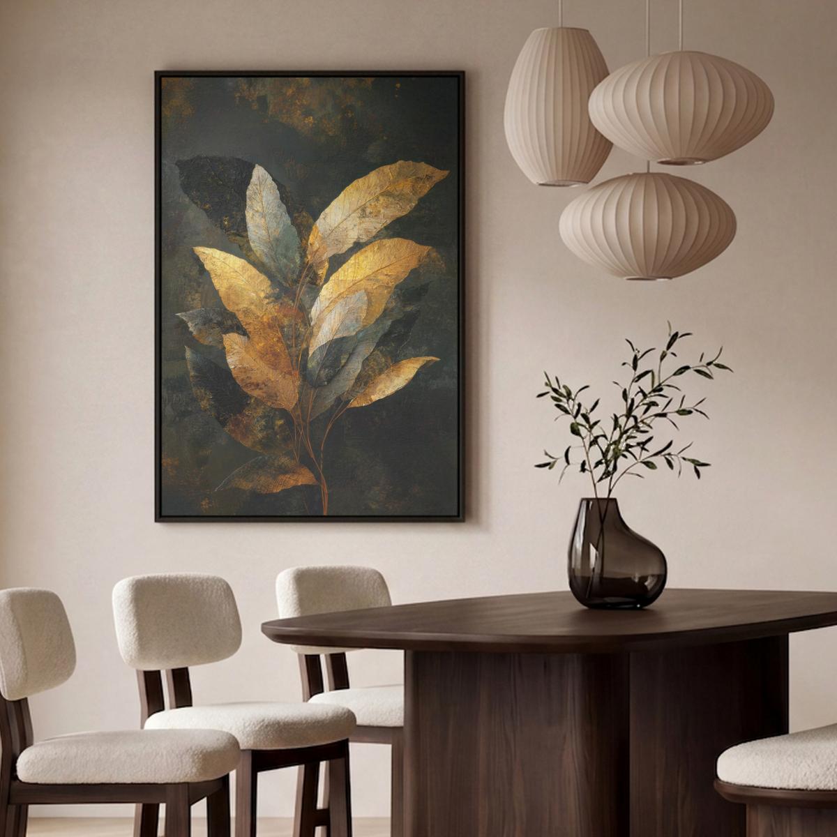 LEINWAND Bilder mit Rahmen - Golden Leaf Komposition - Botanical Luxury - 100x150 - Goldfarben, Textil (100/150cm) - MuchoWow