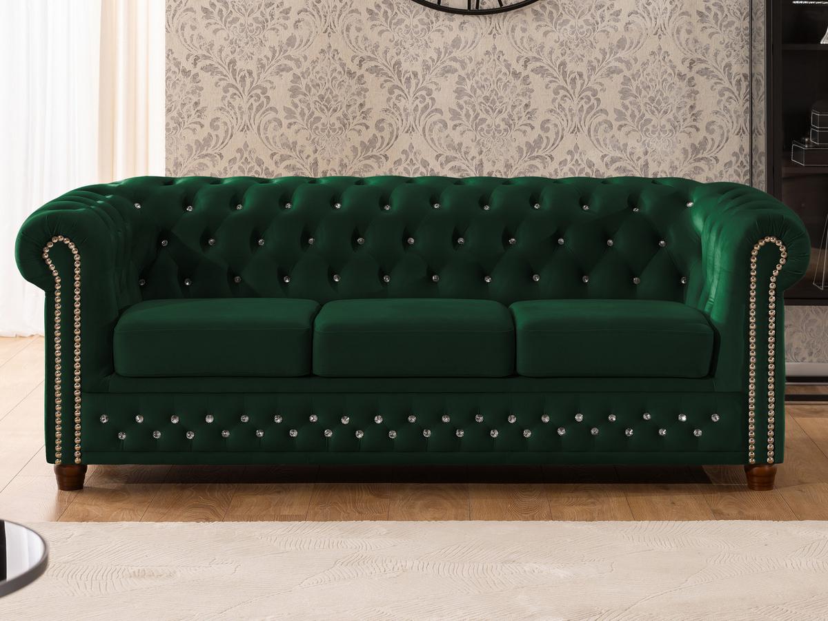 CHESTERFIELD-SOFA 3-sitzer Cleo Blink Flasche Grün Samt mit Kristallsteppung und braunen Massivholzfüßen - Braun/Grün, Holz/Textil (203/72/86cm) - S-Style Möbel