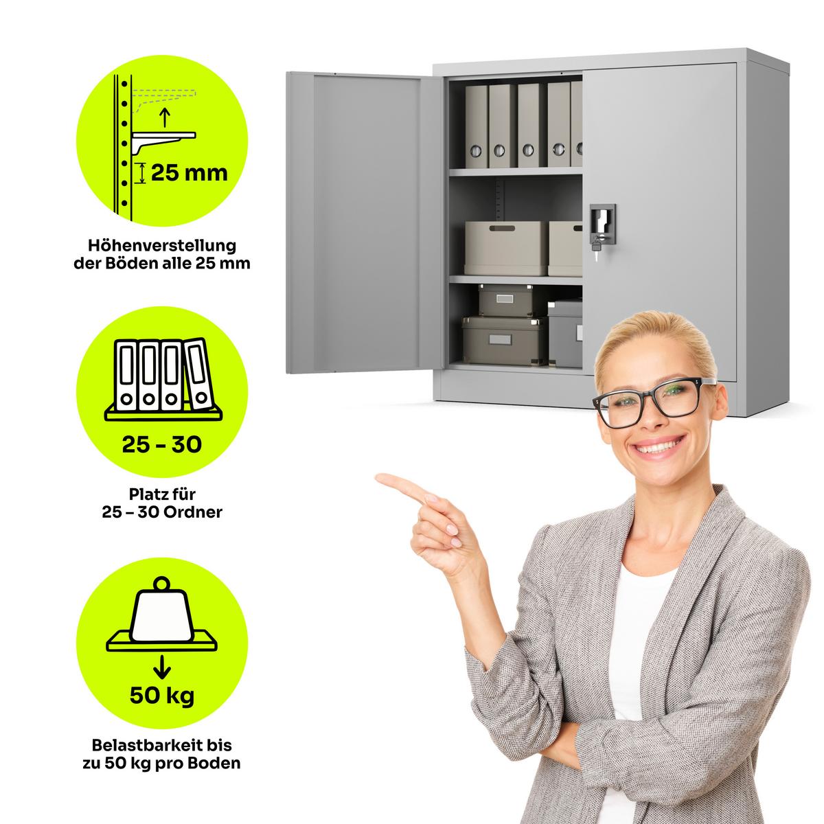 AKTENSCHRANK Metallkommode Metallschrank mit Schloss für Büro Akten und Dokumente Hellgrau 90x90x40cm - Hellgrau, Metall (90/90/40cm) - Muralo
