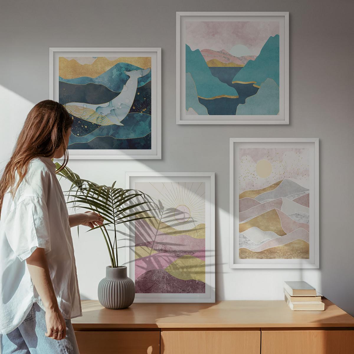 BILDER SET 4er Set - 50x50 cm & 40x60 cm Weißer Rahmen - Abstrakte Berge Sonne - Weiß, Kunststoff (50/50cm) - TULUP