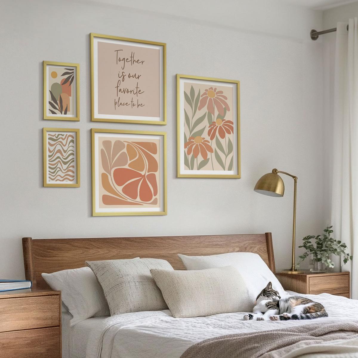 BILDER SET 5er Set - 50x50 cm & 20x30 cm & 40x60 cm Goldrahmen - Abstrakte Pastellblumen - Goldfarben, Kunststoff (40/60cm) - TULUP