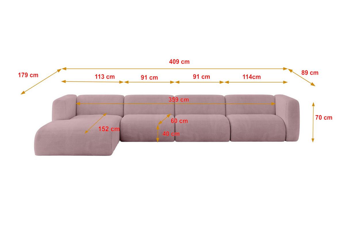 ECKSOFA Ottomane Links MIRA-L3 409x179x70 Rosa Cord - Schwarz/Rosa, Holzwerkstoff/Kunststoff (409/179cm) - ALTDECOR