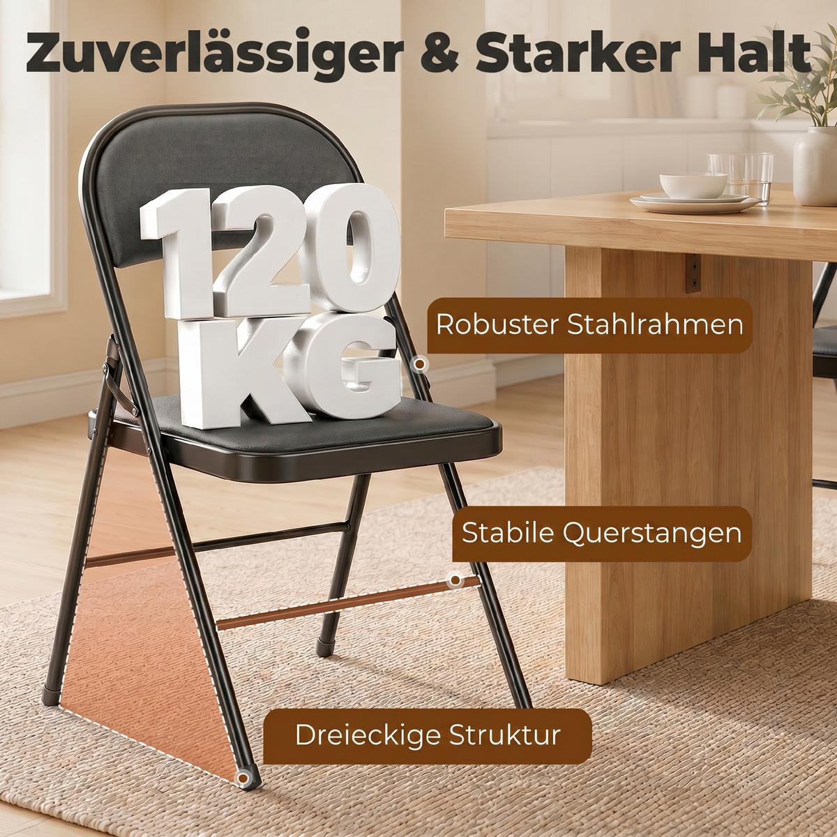 4ER-SET Klappstühle Tragbare Bürostuhl mit Kissen Stahlbeine Kunstleder, Schwarz - Schwarz, Metall (46/78/45cm) - HOMCOM