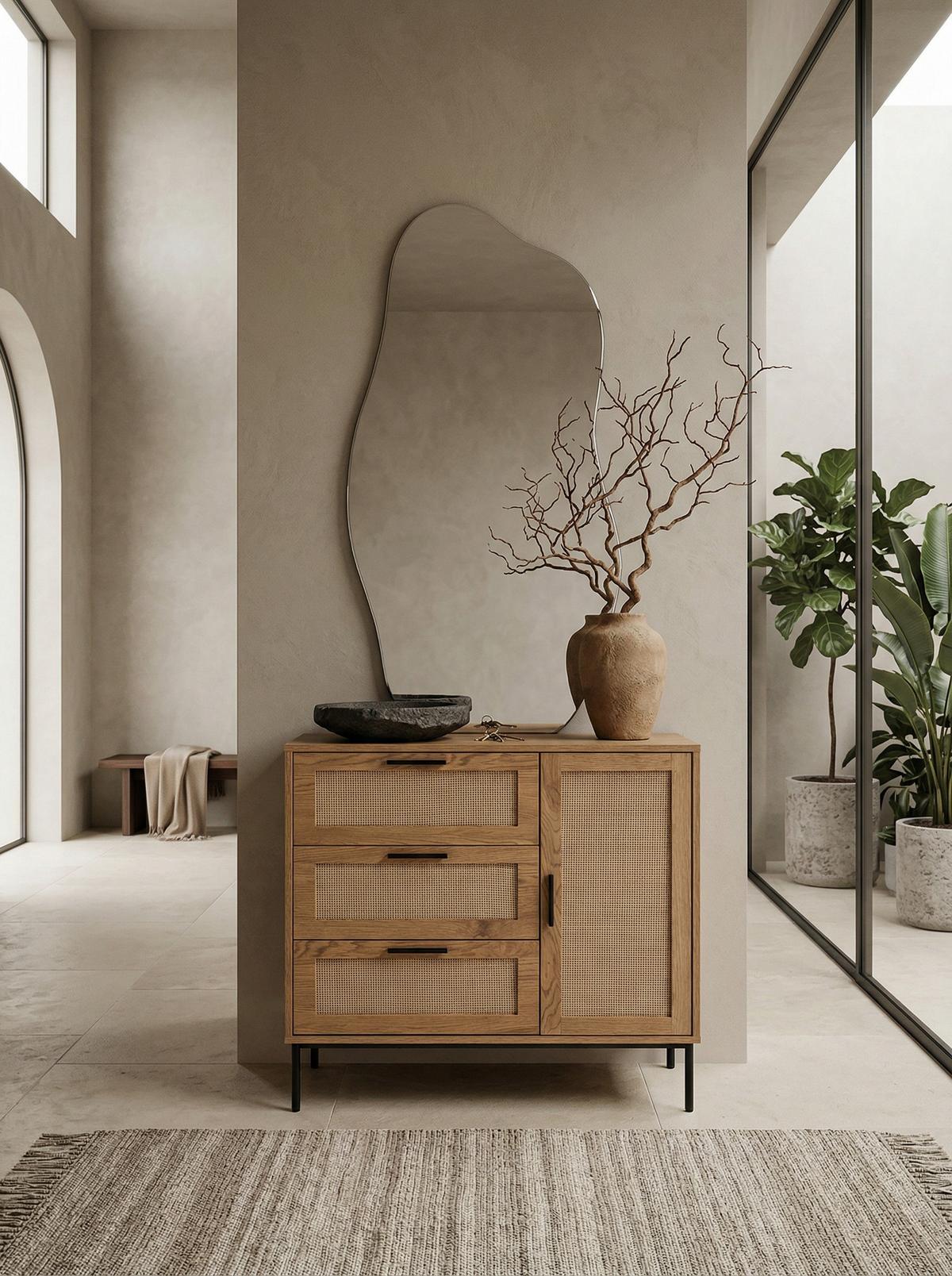 KOMMODE – Eiche-Dekor/Rattan, 80x82x36 cm, 3 Schubladen, 1 Tür, modern - Schwarz/Braun, Holzwerkstoff/Metall (80/82/36cm) - KADIMA DESIGN