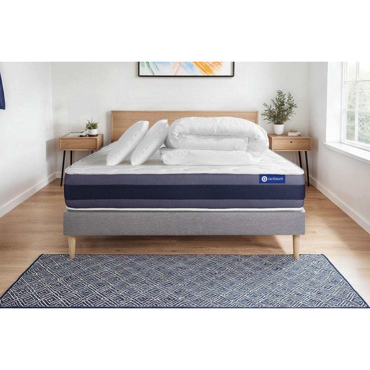 BETT Actimemo morpho Memory-Schaum 160 x 200 cm h1 - Kit Bettgestell Grau - Mit Kissen und Bettdecke - Beige/Grau, Karton/Holz (160/200cm) - ACTISOM