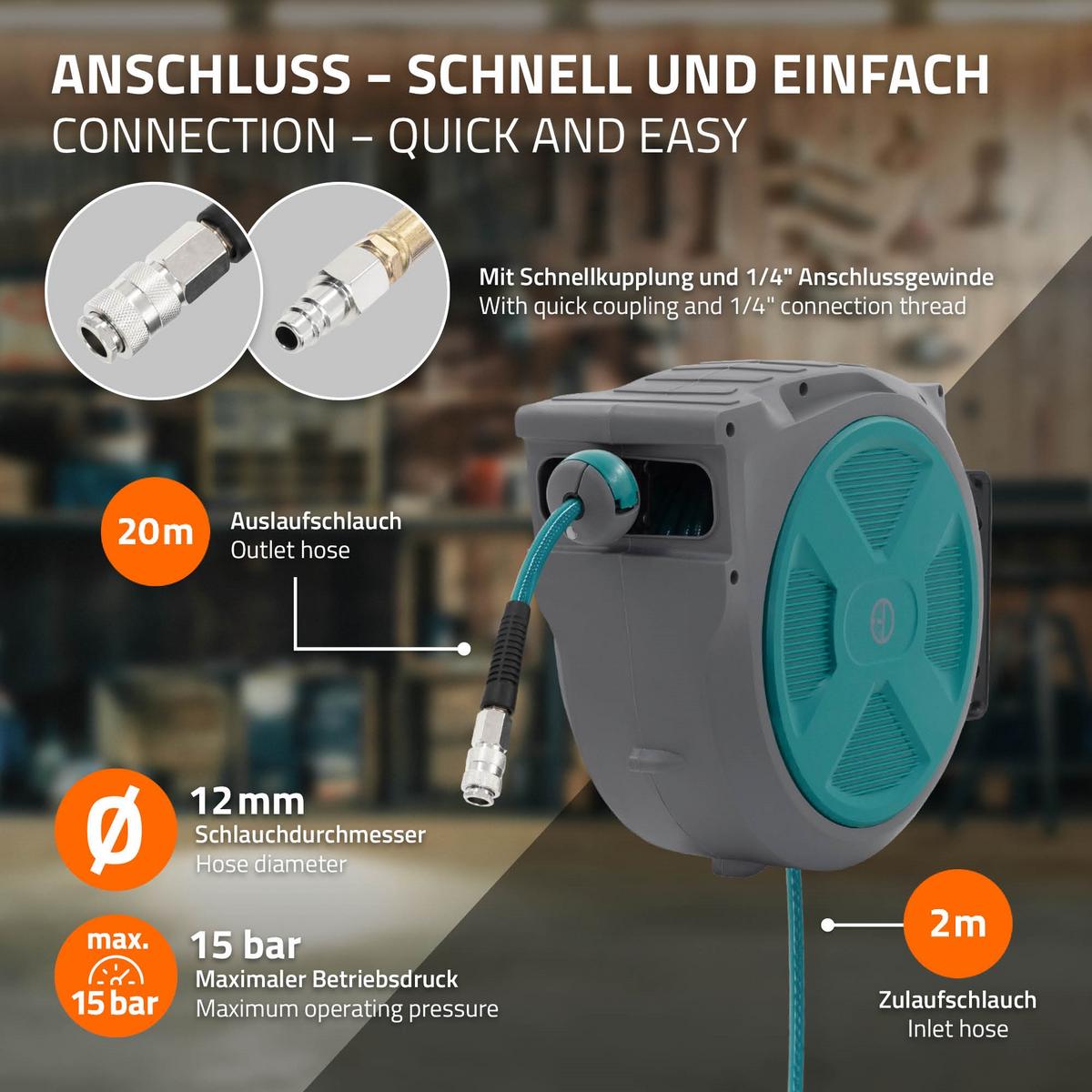 DRUCKLUFTSCHLAUCHTROMMEL 20m+2m - Grau, Kunststoff (17/34.5/47cm) - ECD-Germany