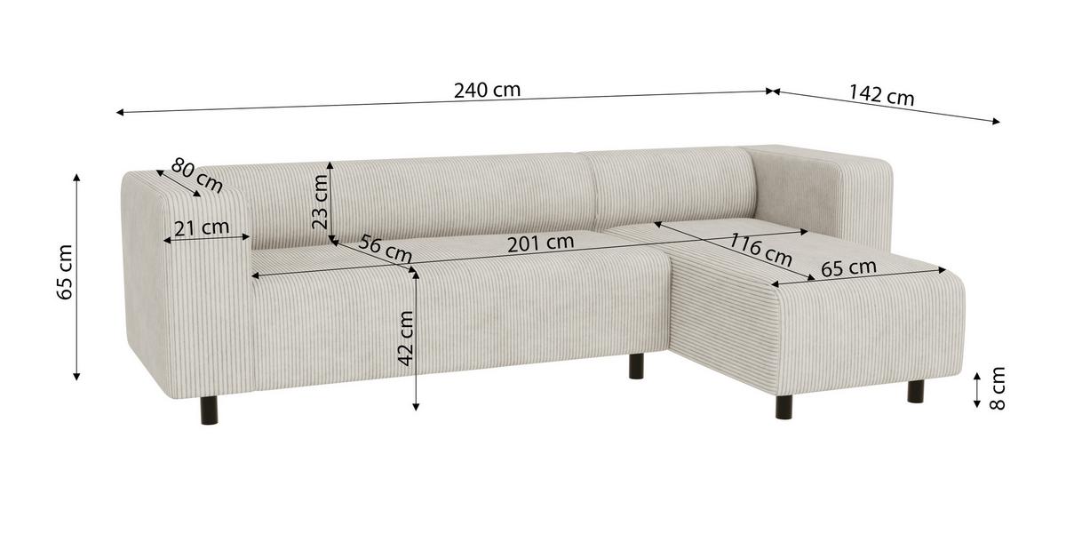ECKSOFA Tove Beige Cord - Ottomane rechts - Beige/Schwarz, Holz/Kunststoff (240/142cm) - S-Style Möbel