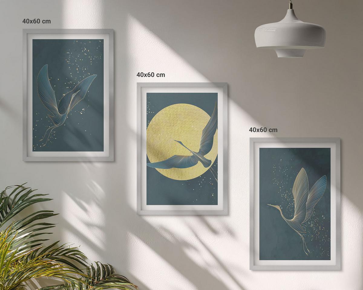BILDER SET 3er Set - 40x60 cm Silberner Rahmen - Kraniche im Flug bei Nacht - Silberfarben, Kunststoff (40/60cm) - TULUP