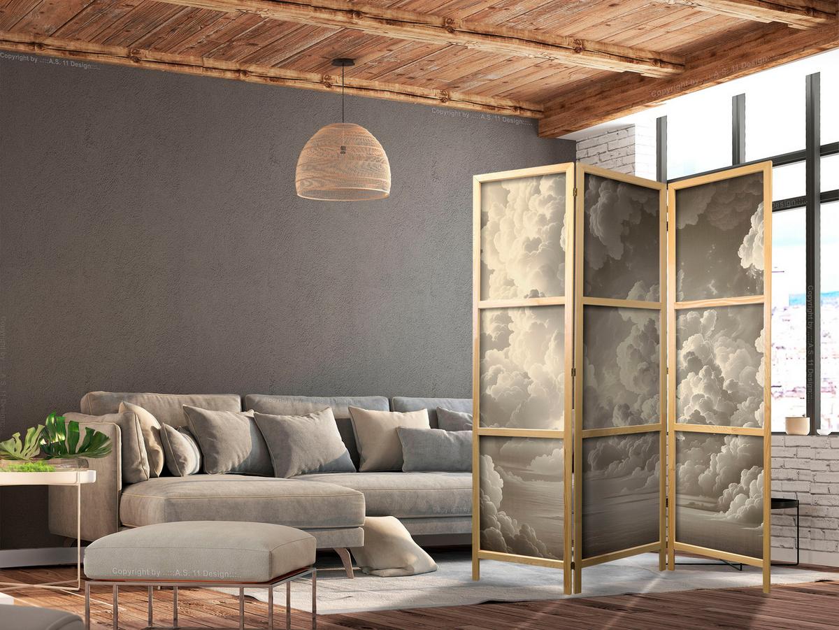 PARAVENT Japanischer 3-tlg 135x172 cm Wolken 3D Effekt - Beige, Holz/Textil (135/172/3cm) - Muralo