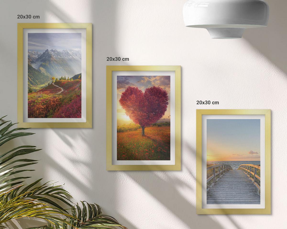 BILDER SET 3er Set - 20x30 cm Goldrahmen - Landschaften Berge Baum Herz Pier - Goldfarben, Kunststoff (20/30cm) - TULUP