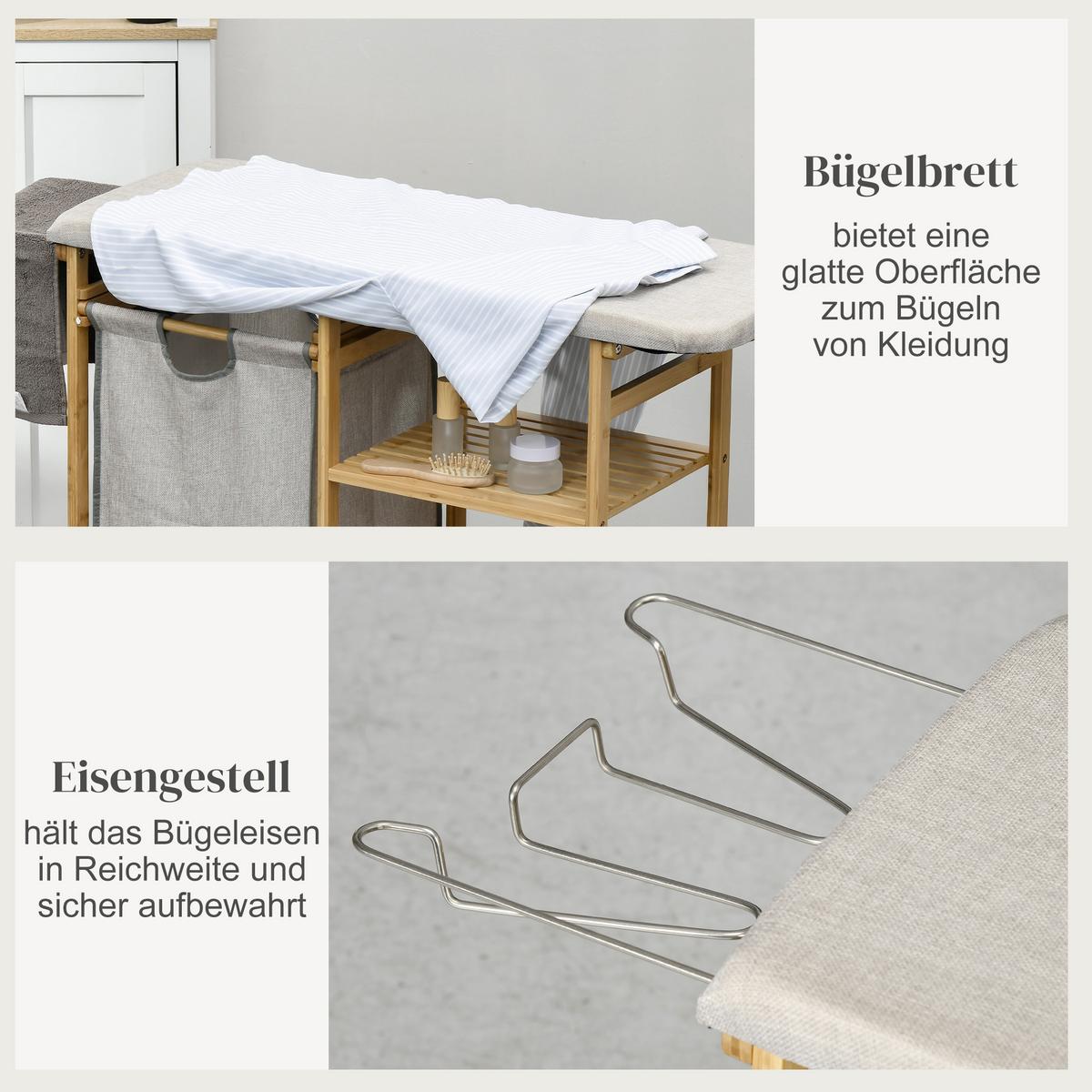WÄSCHEKORB 57,4 L Wäschebox mit Bügelbrett und Bügeleisen, Bambus, Natur - Multicolor, Kunststoff (34/82/113cm) - HOMCOM