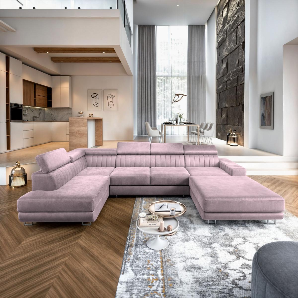 WOHNLANDSCHAFT SIENA L-S Lila Velours-Stoff mit Schlaffunktion - Lila/Silberfarben, Holz/Textil (335/89/190cm) - MASSENO