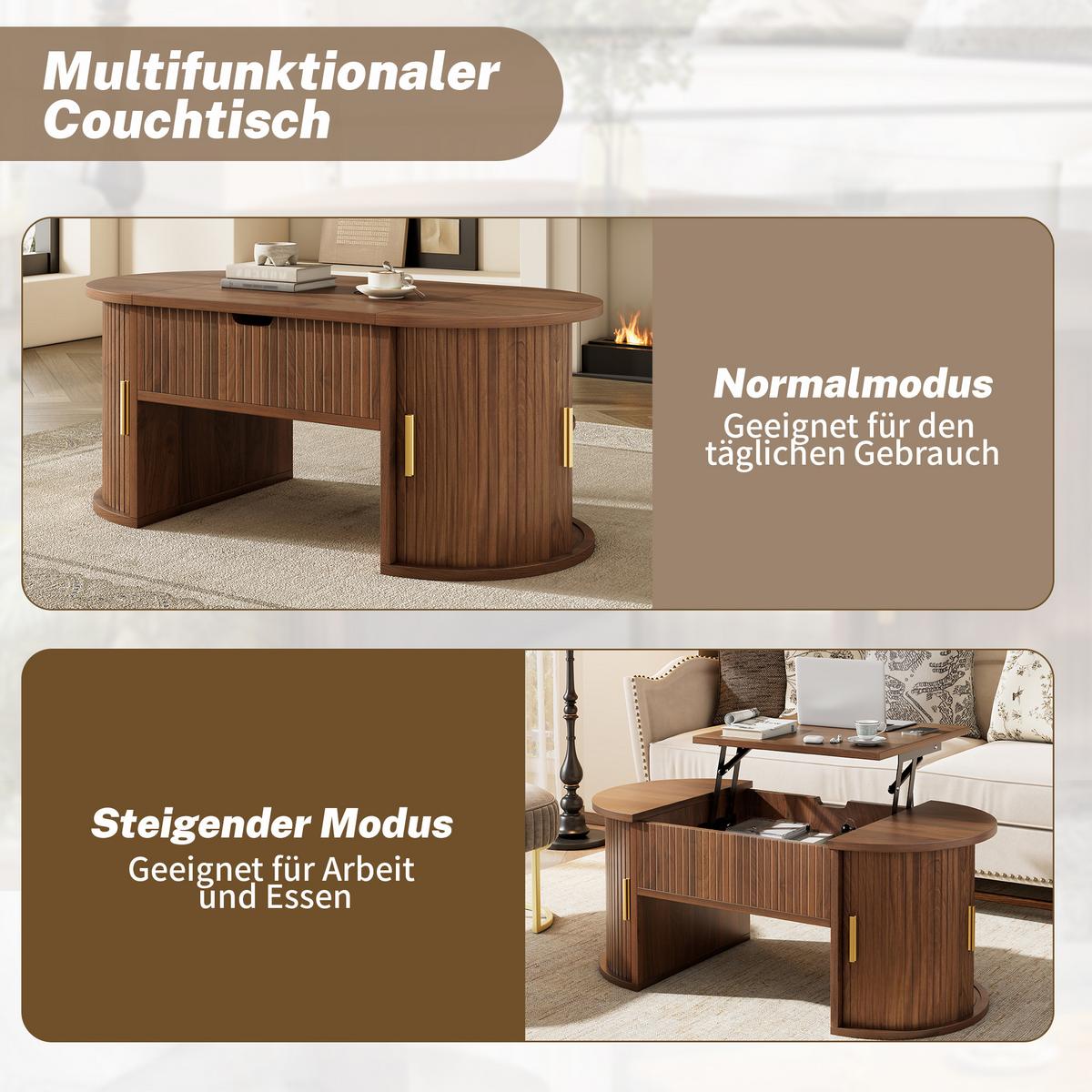 COUCHTISCH Höhenverstellbar Nussbaum mit Schiebetüren & Stauraum - Walnussfarben, Holzwerkstoff (50/100/40.5cm) - Urban Meuble