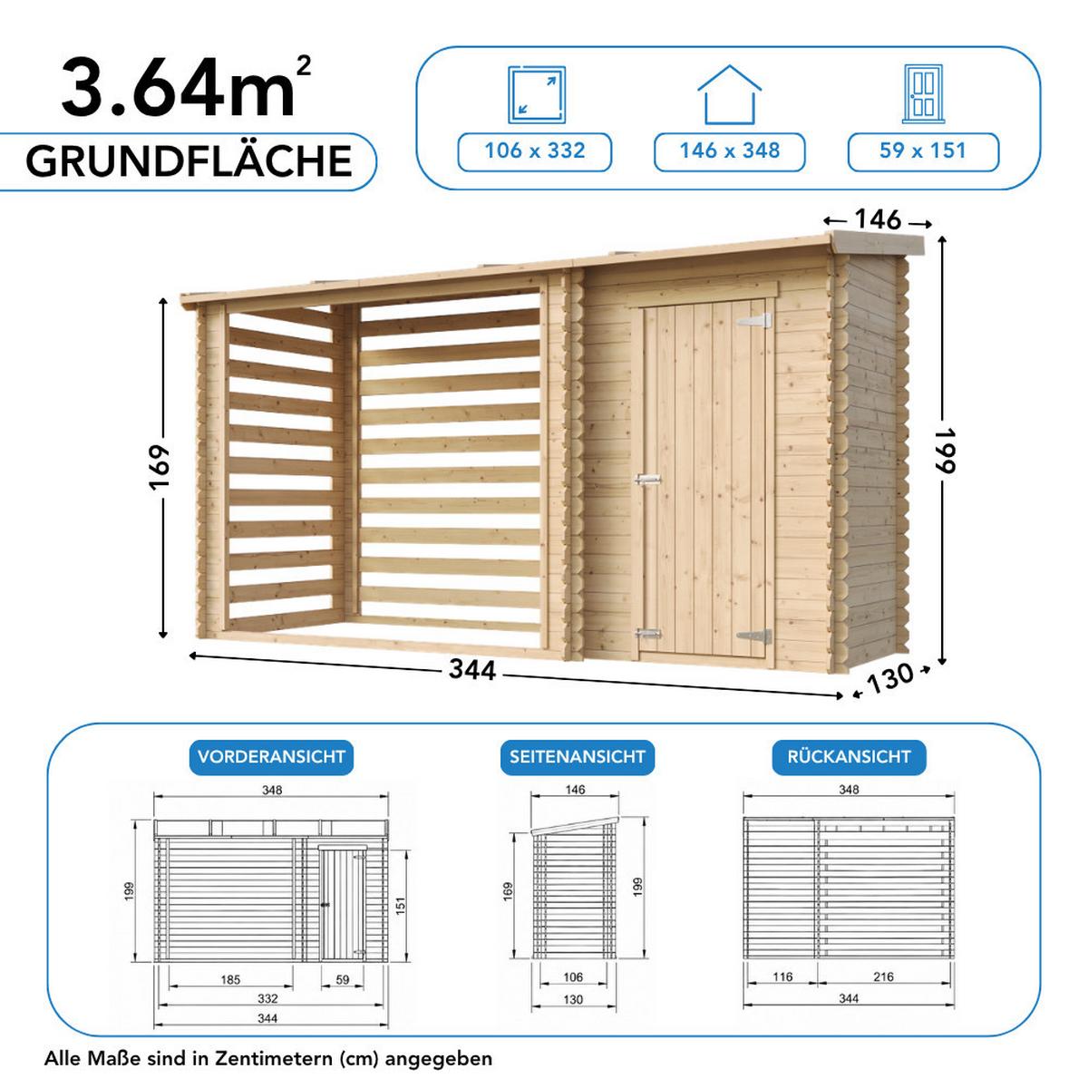 BRENNHOLZLAGER aus Holz mit Geräteraum 3,64 m², Kaminholzregal mit Pultdach, ca. 3,8 m³ Brennholzkapazität, 348 x 146 x 199 cm (B x T x H) - Naturfarben, Holz (348/199/146cm) - Timbela