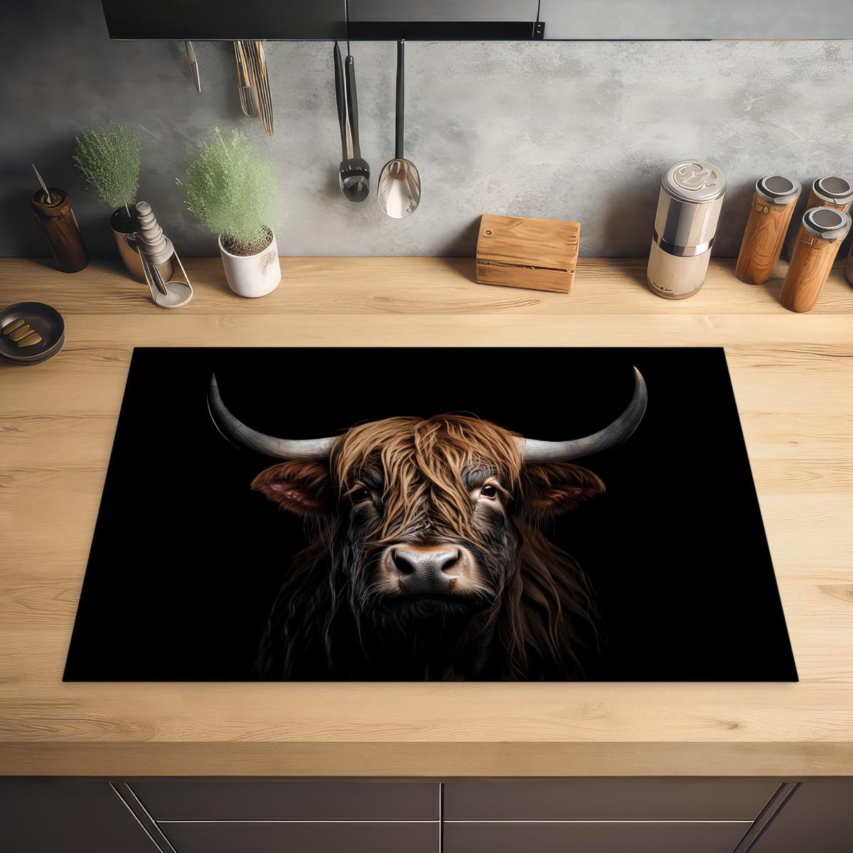 HERDABDECKPLATTE Schottischer Highlander - Porträt - Schwarz - Tier Abdeckung Ceranfeld 81.2x52 cm - Braun, Kunststoff (81.2/52/0.2cm) - MuchoWow