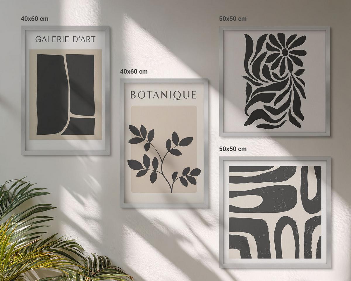 BILDER SET 4er Set - 50x50 cm & 40x60 cm Silberner Rahmen - Abstrakte Pflanzenmuster - Silberfarben, Kunststoff (50/50cm) - TULUP