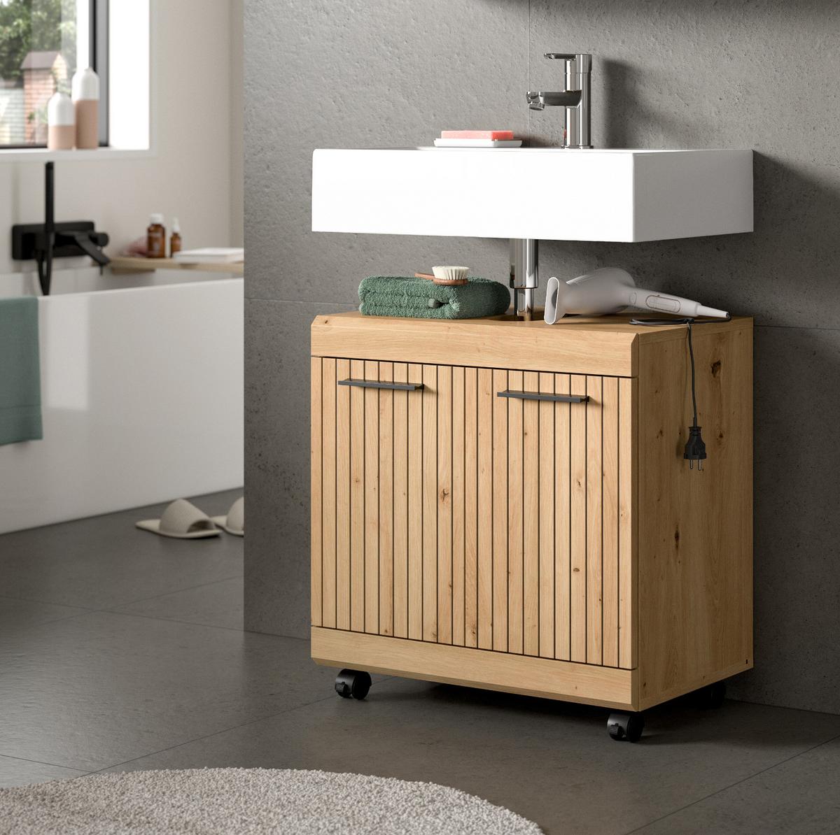 WASCHBECKENUNTERSCHRANK Eiche Artisan 60 cm, Badezimmer Unterschrank auf Rollen - Schwarz/Eiche Artisan, Holzwerkstoff/Kunststoff (60/60/34cm) - Inn.Furn