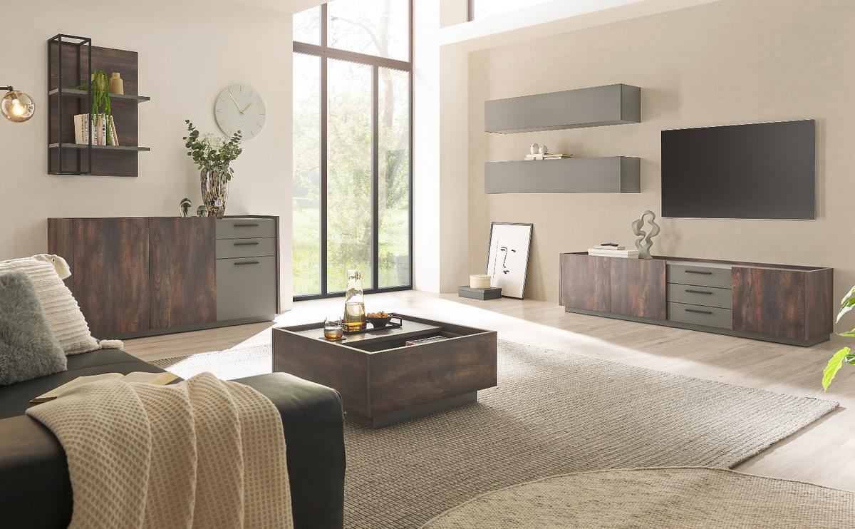 TV-LOWBOARD Thermo Eiche, grau, XL TV Unterteil mit Soft-Close 200 cm - Eichefarben/Schwarz, Holzwerkstoff/Kunststoff (200/50/45cm) - Furn.Design