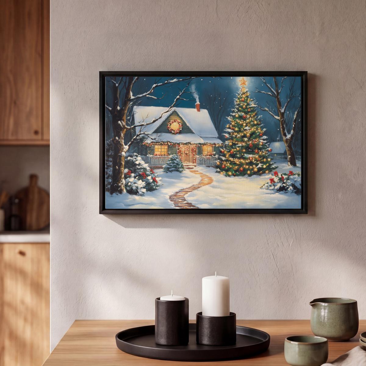 LEINWAND Bilder mit Rahmen - Weihnachten - Weihnachtsbaum - Winter - Zuhause - Schnee - 30x20 - Smaragdgrün, Textil (30/20cm) - MuchoWow