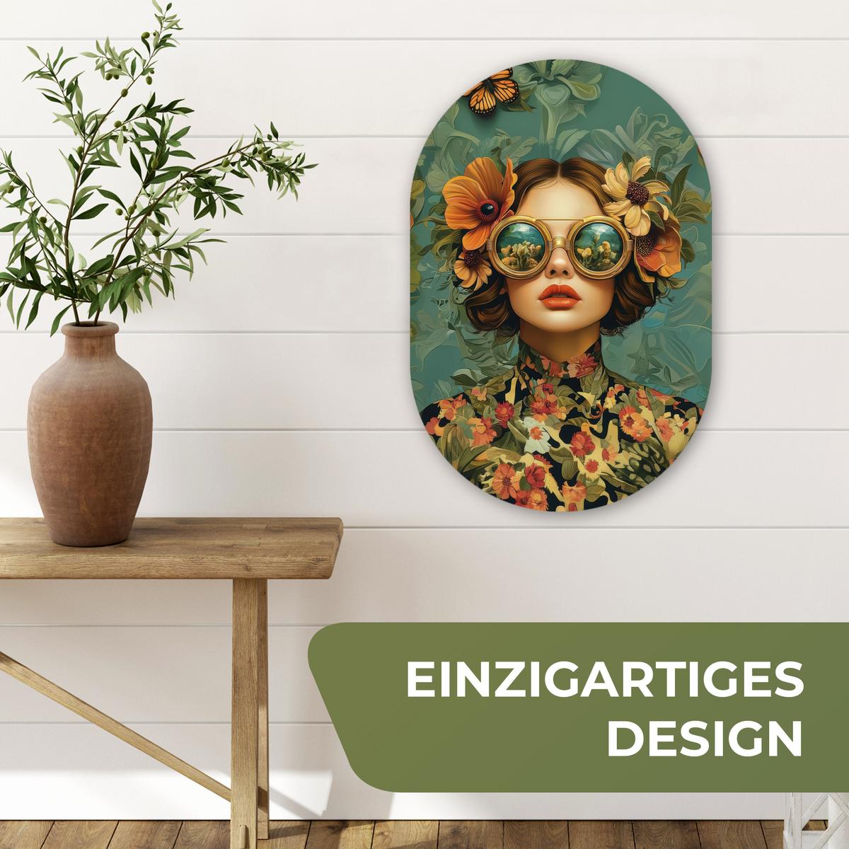 WANDBILD Frau - Blumen - Schmetterlinge - Natur - Vintage Deko Wohnzimmer 40x60 cm - Petrol, Kunststoff (40/60cm) - MuchoWow