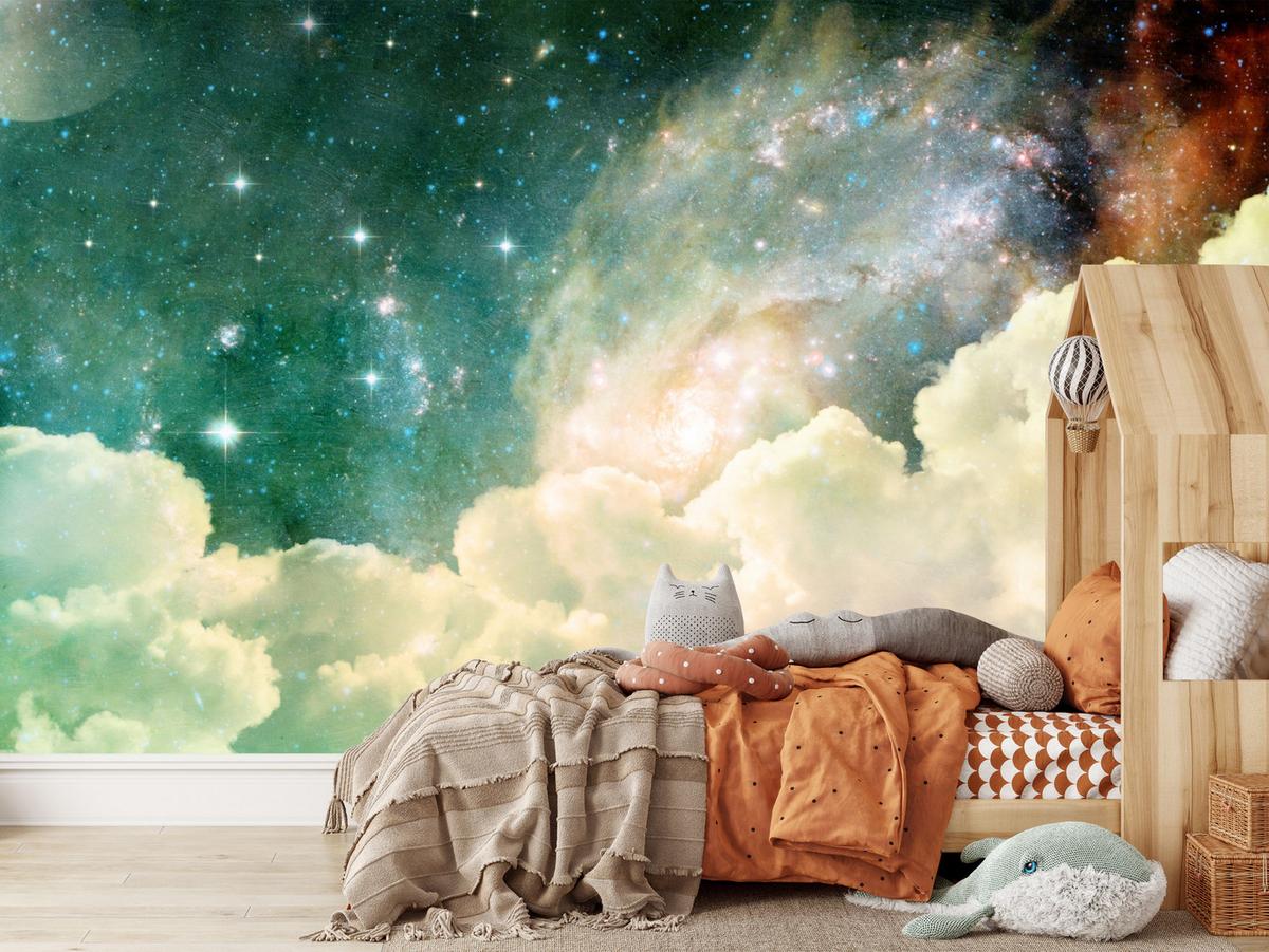 FOTOTAPETE für Kinderzimmer Kosmische Nebelwolken Sterne Galaxie Mystisch 200x140 - Türkis/Pastellgrün, Papier (200/140cm) - Muralo