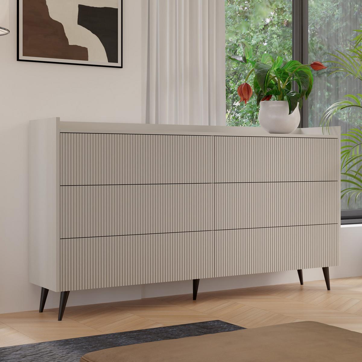 KOMMODE Amfali mit 6 Schubladen, geriffelte Fronten, Push-to-open, Metallbeine, 150 cm, Kaschmir - Kaschmir/Schwarz, Holzwerkstoff/Metall (150/92/41cm) - Beautysofa