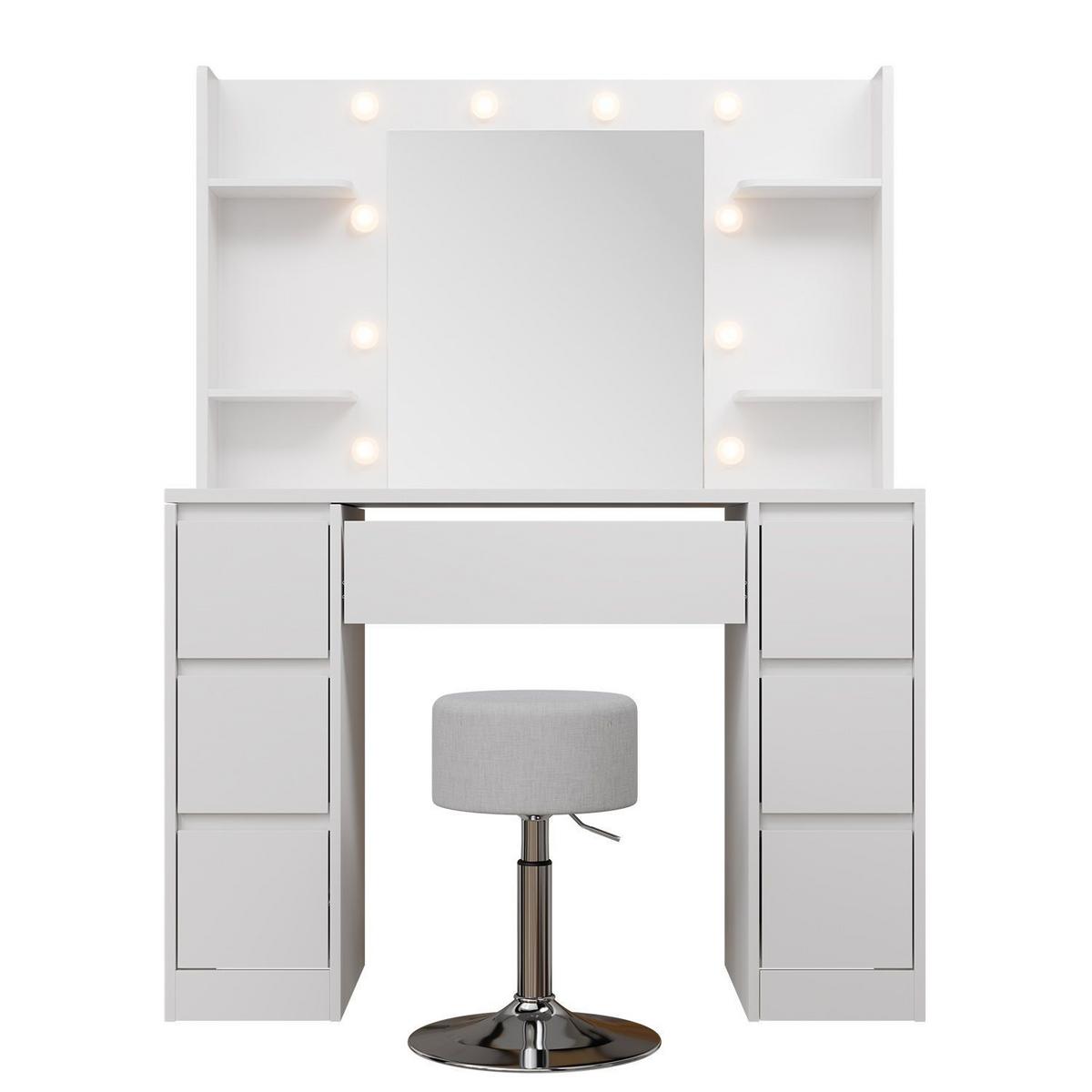 SCHMINKTISCH Malia mit LED und Hocker Tonia - Weiß, Holz (107/140/40cm) - Juskys