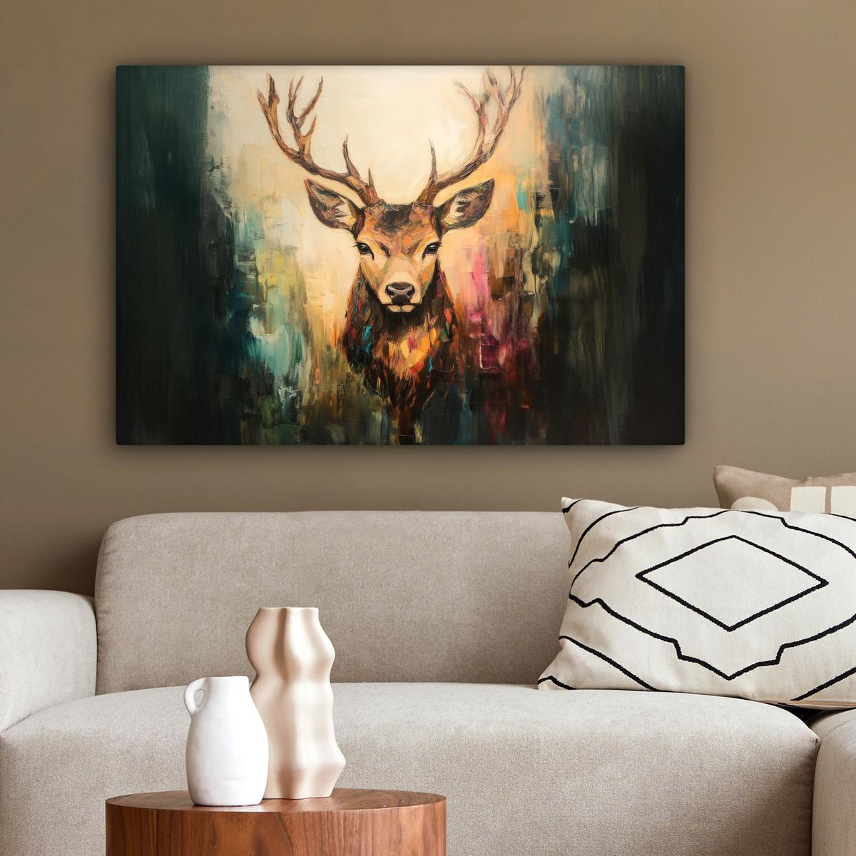 LEINWANDBILD Hirsch - Gemalt - Geweih - Braun Wanddeko 90x60 cm - Haselnussfarben, Textil (90/60cm) - MuchoWow
