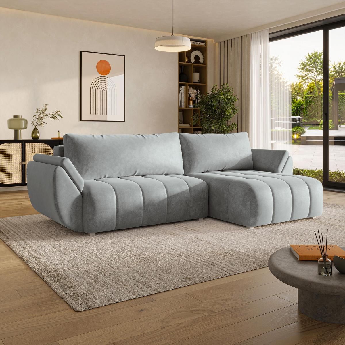 ECKSOFA OLSI Hellgrau Velours-Stoff mit Schlaffunktion - Hellgrau, Holz (285/148cm) - MASSENO