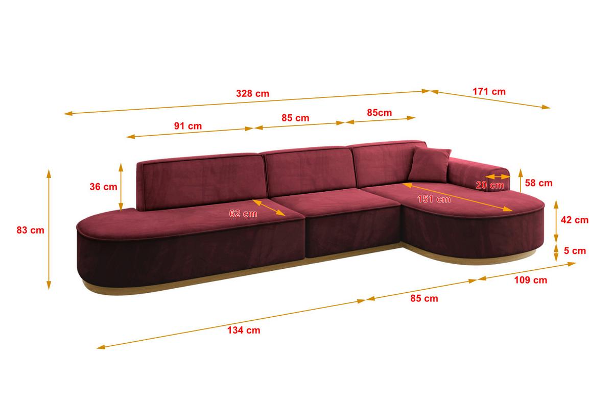 ECKSOFA Ottomane Rechts MARI-L2-v2 - 328x171x83 cm Bordeaux Velours - Bordeaux, Holzwerkstoff/Textil (171/328cm) - ALTDECOR