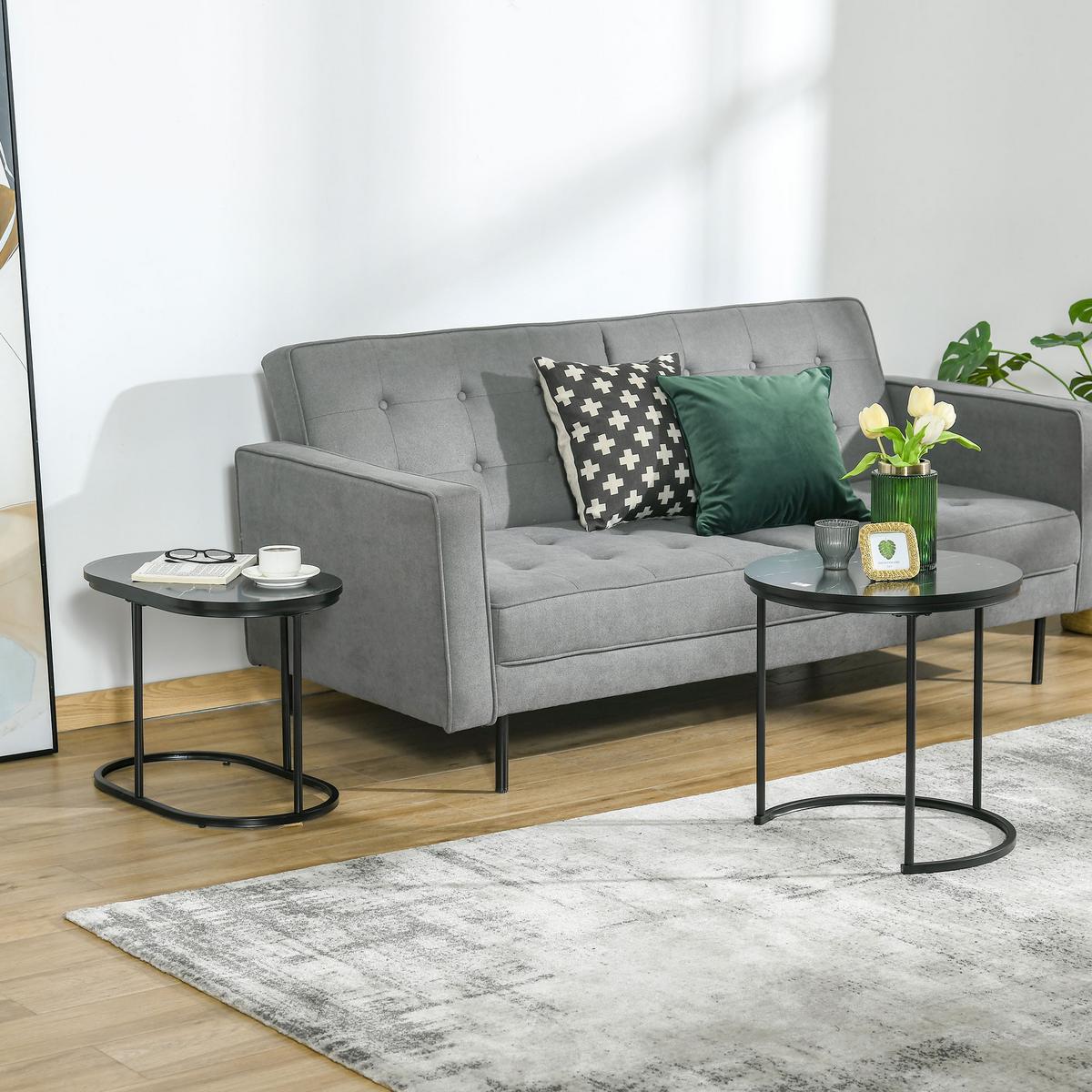 2ER Set Couchtisch Satztisch Rund mit Faux Marmor Seite bis 30 kg Stahl Schwarz - Schwarz, Metall (50/50/50.5cm) - HOMCOM