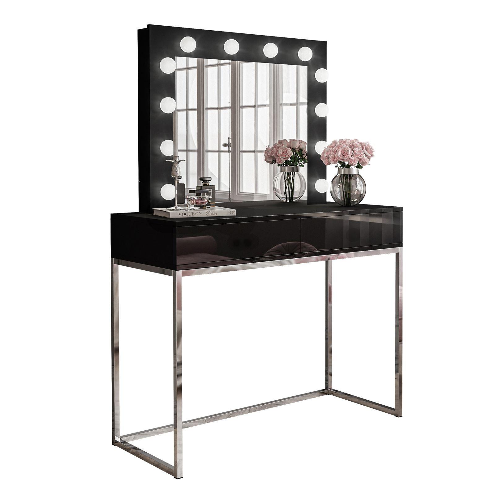 SCHMINKTISCH BLANCO GLAMOUR mit Spiegel und Beleuchtung Schwarz Hochglanz PUSH OPEN - Schwarz Hochglanz/Silberfarben, Holzwerkstoff (100/146/42cm) - Lookway