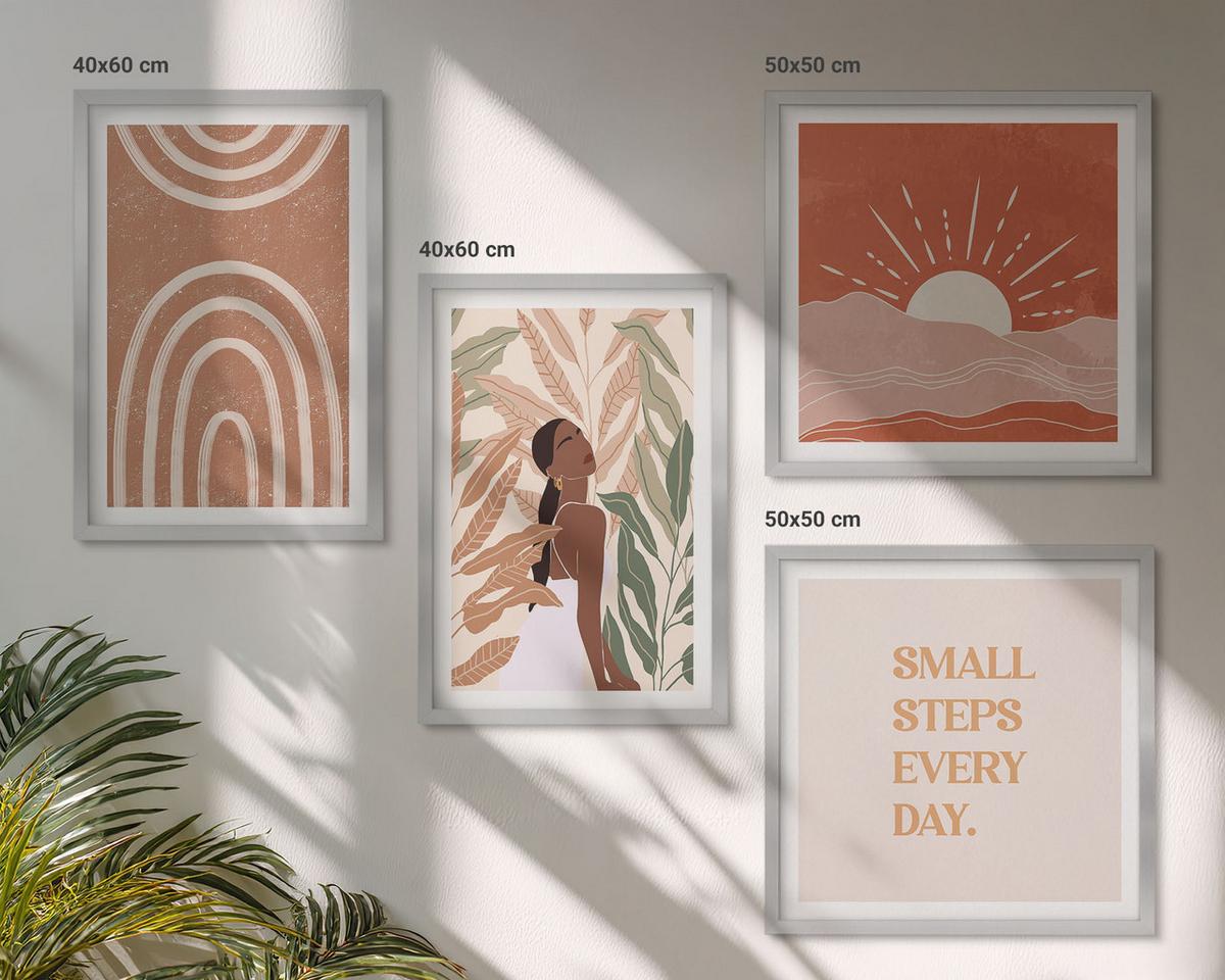 BILDER SET 4er Set - 50x50 cm & 40x60 cm Silberner Rahmen - abstrakte Formen im Boho-Stil - Silberfarben, Kunststoff (50/50cm) - TULUP