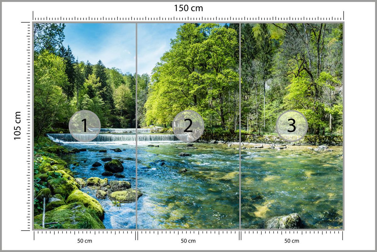 FOTOTAPETE für Wohnzimmer Landschaft Steinerne Fluss Wald Bäum 150x105 - Türkis/Blau, Papier (150/105cm) - Muralo