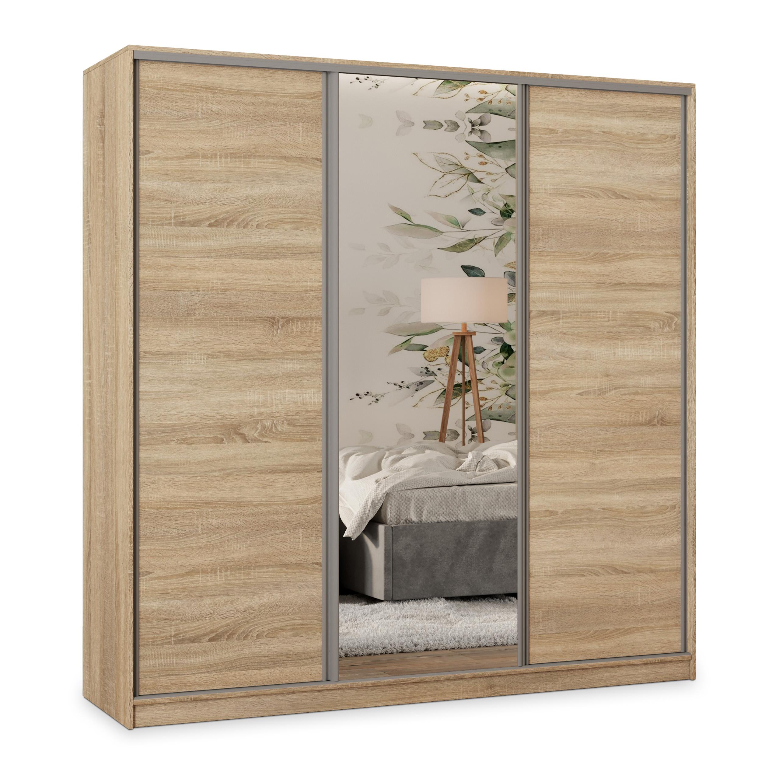 SCHWEBETÜRENSCHRANK TARI 180/205/58 cm 3-türig mit Spiegel und Schubladen Sonoma Eiche - Silberfarben/Sonoma Eiche, Holzwerkstoff (180/205/58cm) - MASSENO