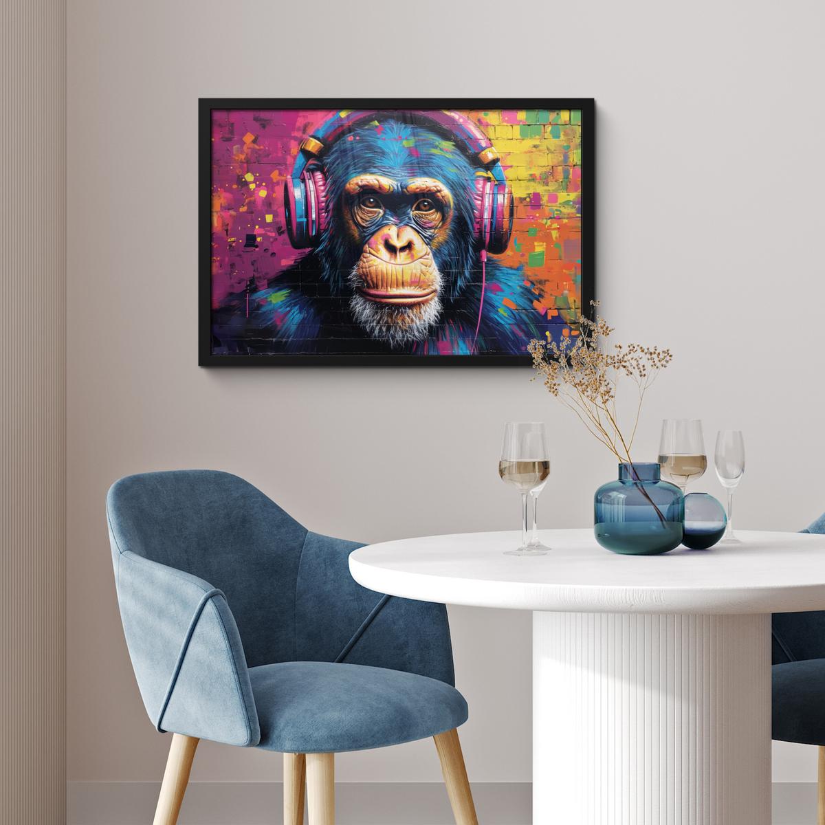 POSTER MIT RAHMENGERAHMTES BILD Graffiti - Schimpanse - Straßenkunst - Kopfhörer - Affe 60x40 cm - Blau, Papier (60/40cm) - MuchoWow
