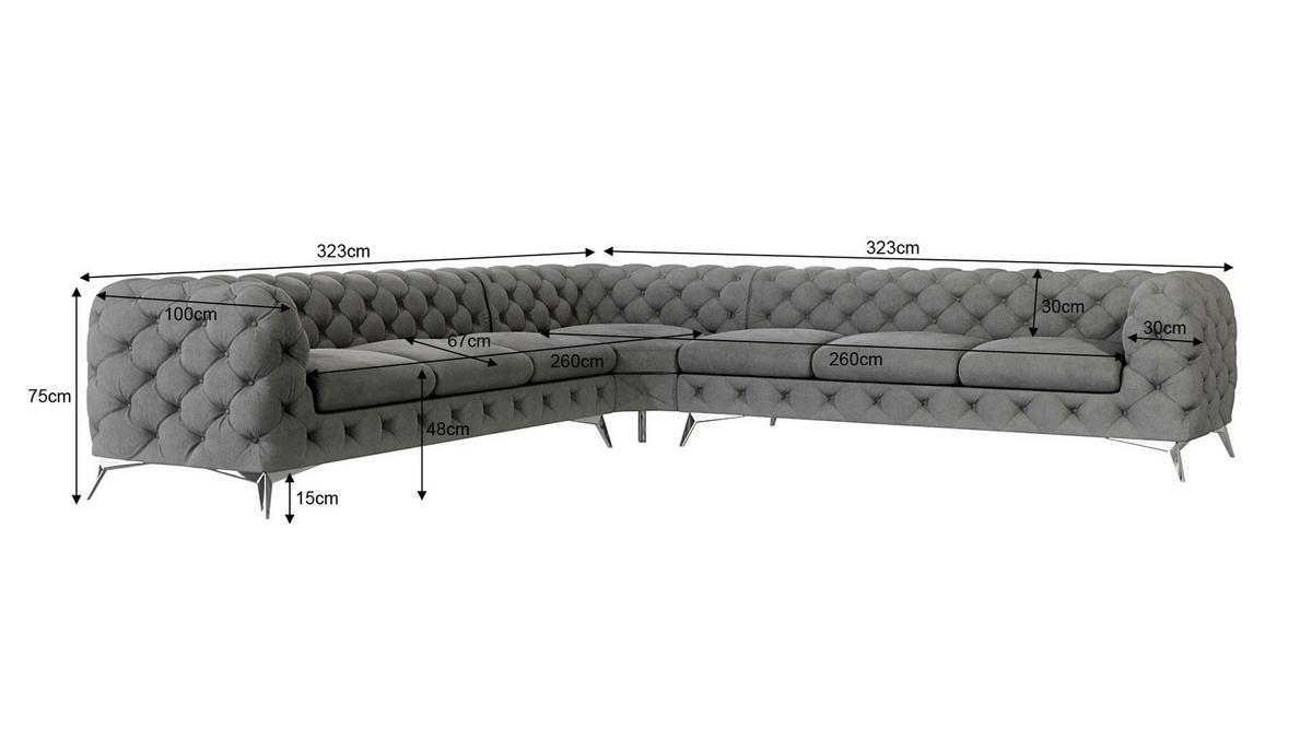 ECKSOFA Chesterfield Laura Grau Samt - Silberfarben/Grau, Holz/Textil (323/323cm) - S-Style Möbel
