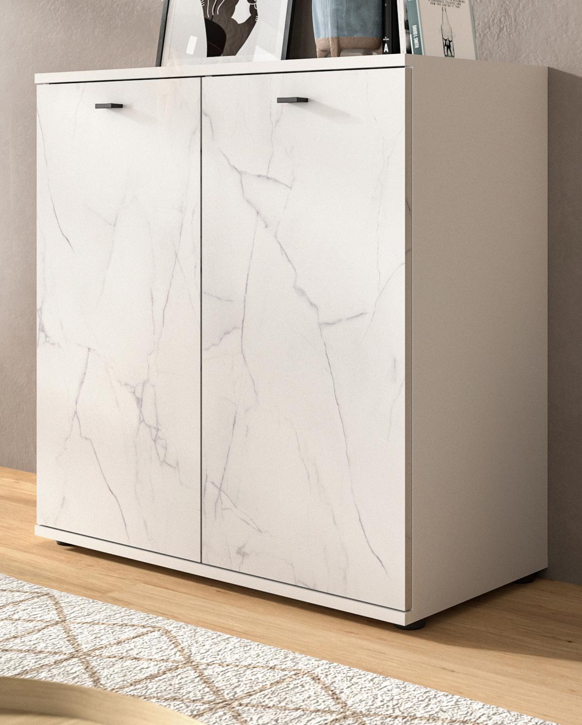 KOMMODE weiß Marmor 86 x 88 cm, Sideboard mit Soft-Close - Schwarz/Weiß, Holzwerkstoff/Kunststoff (86/87/40cm) - Inn.Furn