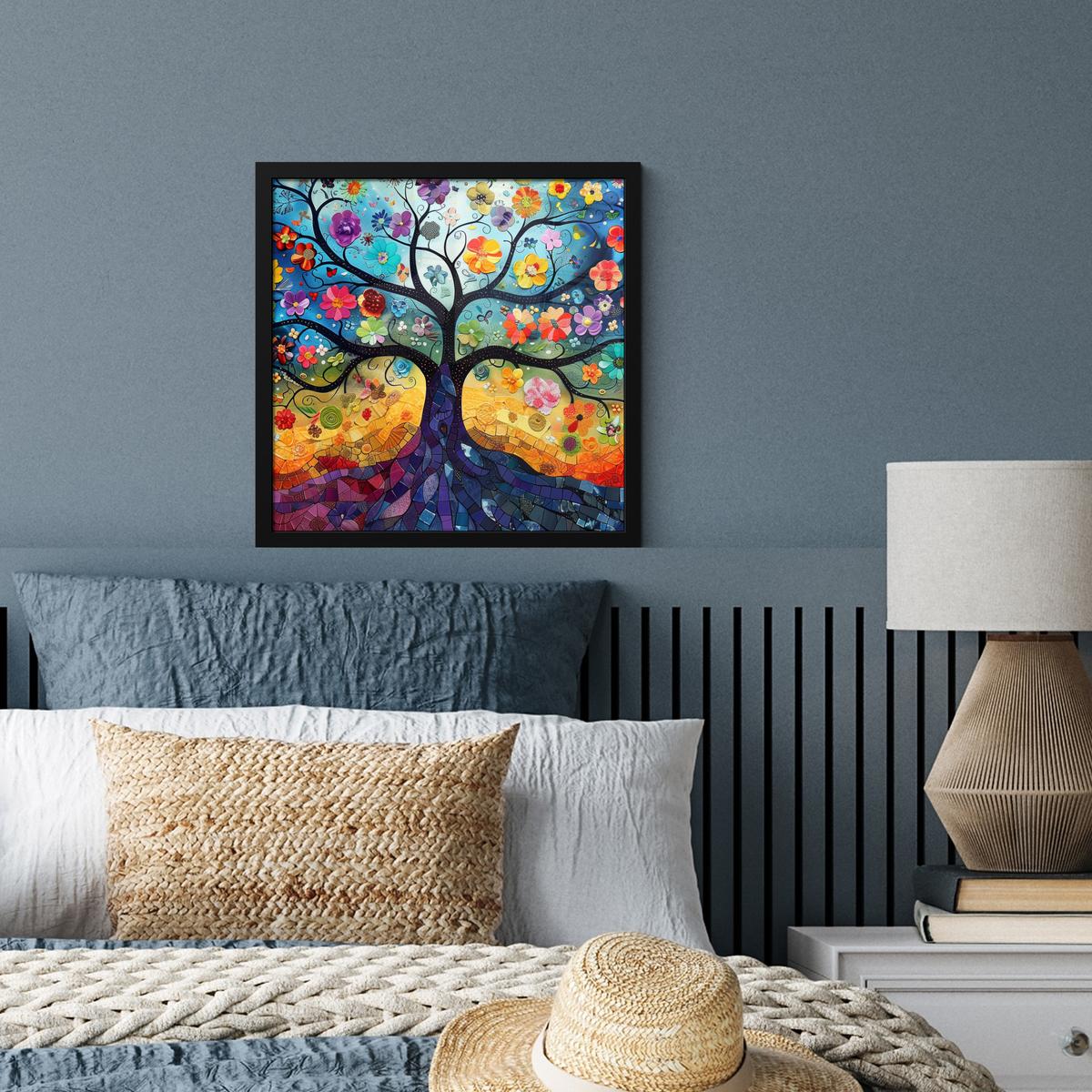 POSTER MIT RAHMENGERAHMTES BILD Kunst - Baum des Lebens - Blumen - Hippie 40x40 cm - Dunkelblau, Papier (40/40cm) - MuchoWow