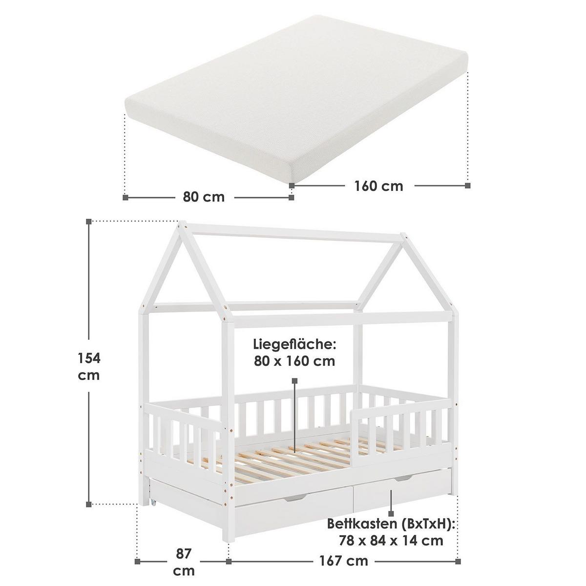 KINDERBETT Marli weiß 80x160 cm mit Bettkasten und Matratze - Weiß, Holz (80/160cm) - Juskys