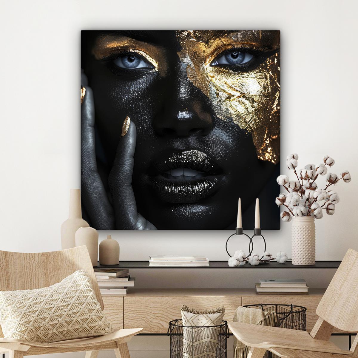 LEINWANDBILD Frau - Gold - Porträt - Schwarz-Weiß - Luxus Deko Groß 90x90 cm - Hellblau, Textil (90/90cm) - MuchoWow