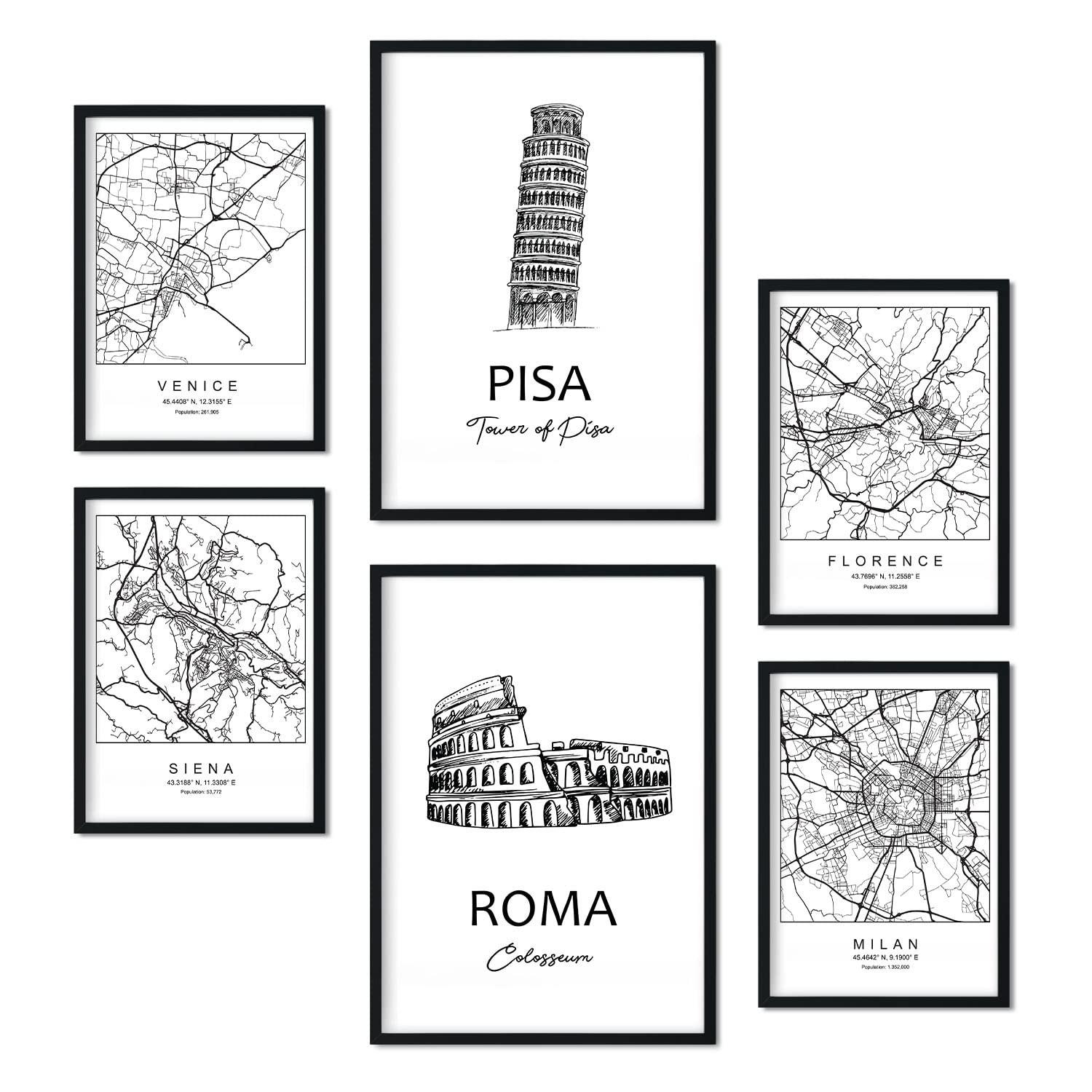 POSTER Set Mit 6 Drucke Von Italien Von Karten In Schwarz Weiß A3 & A4 Schwarzer Rahmen - Schwarz, Papier (29/3cm) - Nacnic