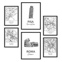 POSTER Set Mit 6 Drucke Von Italien Von Karten In Schwarz Weiß A3 & A4 Rahmenlos - Klar, Papier (29/3cm) - Nacnic