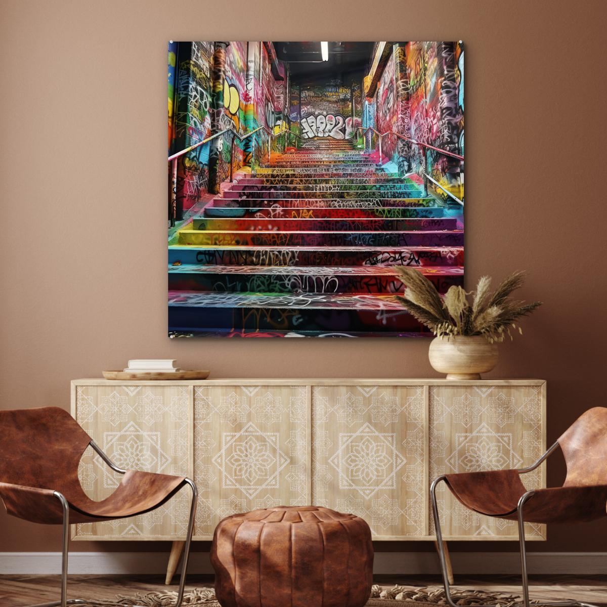 ACRYLGLASBILD Treppe - Graffiti - Farben - Kunst 90x90 cm - Multicolor, Glas (90/90cm) - MuchoWow